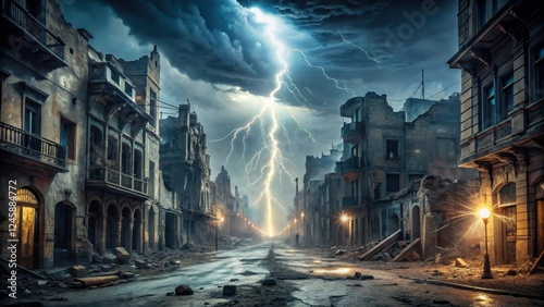 Darkened city street with destroyed buildings and debris scattered everywhere, lit only by flashes of lightning