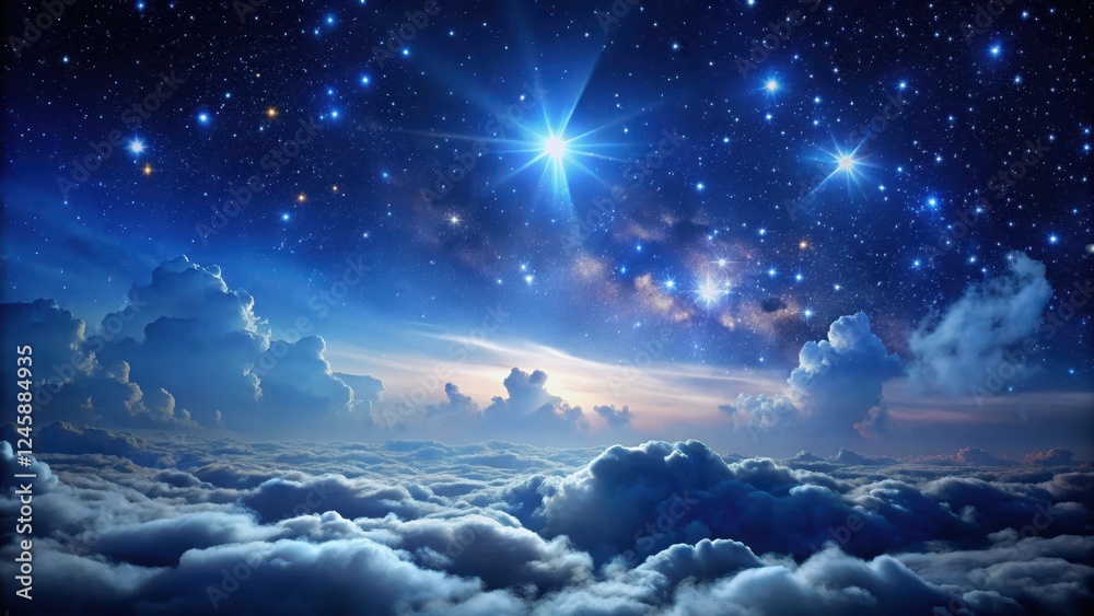 Naklejka premium Majestic wispy clouds float amidst a sea of twinkling stars, suspended against the velvety blackness of the ethereal night sky
