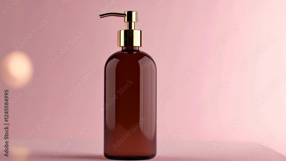 Elegant brown bottle with gold pump in minimalist setting against pastel pink background Elegant brown bottle with gold pump in minimalist setting against pastel pink background
