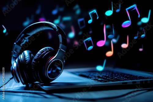 A pair of headphones dancing to music notes floating from a nearby laptop