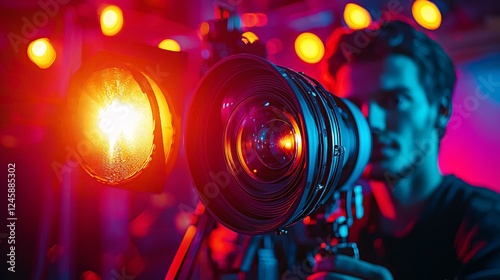 Illuminating the Show: Lighting Technician Adjusting Spotlight with Focused Expression Amidst Event Lights Glow photo