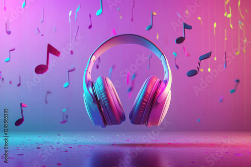 A pair of headphones dancing to music notes floating from a nearby laptop