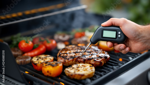 Close-up of a hand checking the BBQ grill-cooked meat using a digital meat thermometer