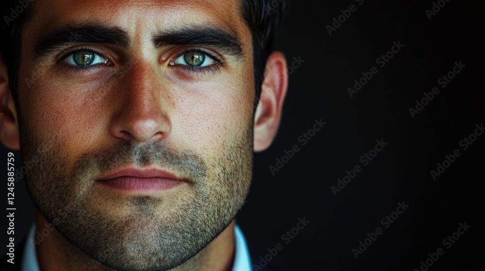 Obraz premium Ambitious businessman with striking green eyes looking confidently at the camera with space for text placement in dark background