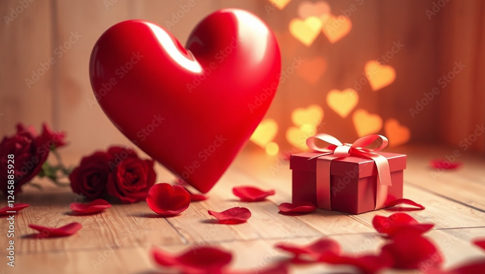 Valentine's day background. with large red heart, gift box, red rose petals on wooden surface. floating heart bokeh, soft warm lighting, love concept, holiday celebration. Valentine's day background. with large red heart, gift box, red rose petals on wooden surface. floating heart bokeh, soft warm lighting, love concept, holiday celebration.