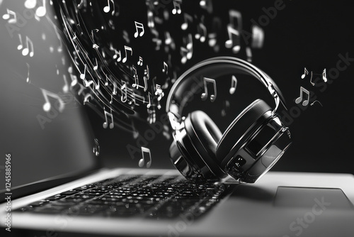 A pair of headphones dancing to music notes floating from a nearby laptop