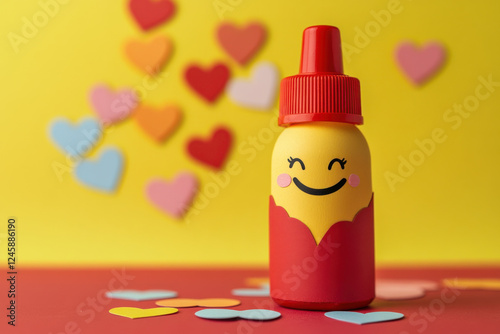 A glue bottle with a happy face, sticking paper hearts together