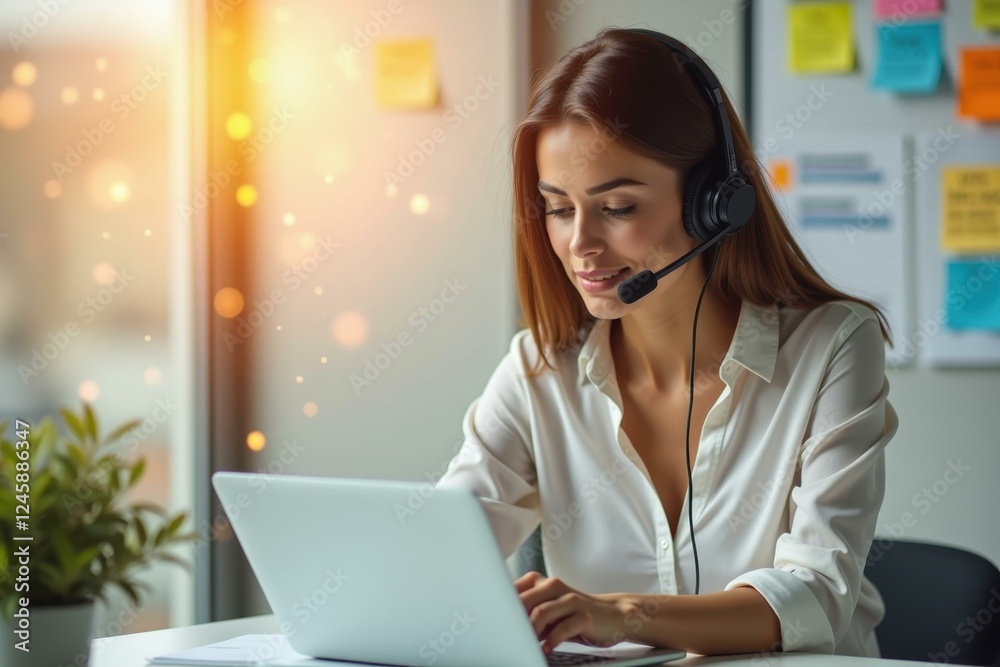 Woman is wearing headset and working on her laptop Woman is wearing headset and working on her laptop