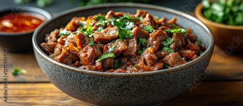 Authentic Abon Sapi Dish with Dried Beef Fiber Garnished with Fresh Herbs and Served in a Rustic Bowl on a Wooden Table photo