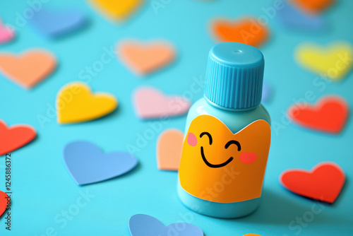 A glue bottle with a happy face, sticking paper hearts together