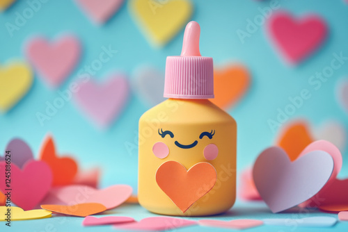A glue bottle with a happy face, sticking paper hearts together