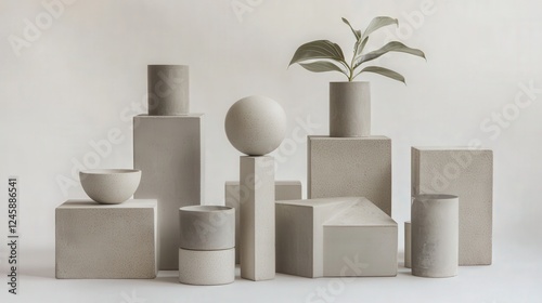 Wallpaper Mural Neutral Tones Still Life: An arrangement of minimalist geometric forms in various shades of beige and grey, accented by a single green plant. The composition evokes a sense of calm and sophistication. Torontodigital.ca