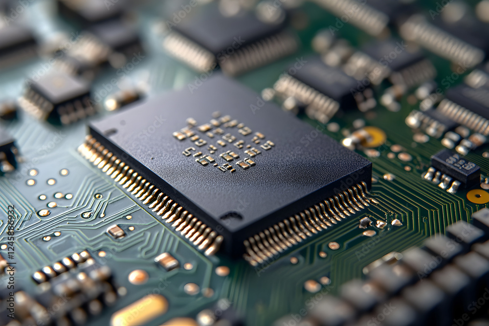 High-Tech Microchip on Motherboard: Close-up 3D Render of a Powerful Computer Processor, Illustrating Advanced Technology and Innovation in Computing. High-Tech Microchip on Motherboard: Close-up 3D Render of a Powerful Computer Processor, Illustrating Advanced Technology and Innovation in Computing.