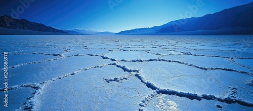 Breathtaking view of Badwater Basin in Death Valley National Park showcasing cracked salt flats under a serene blue sky photo