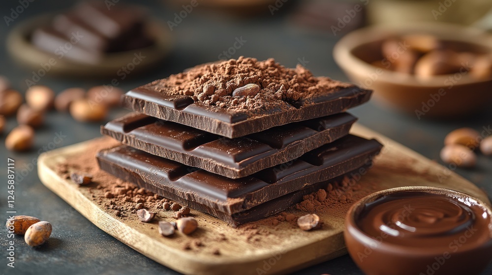 Dark Chocolate Stack, Cocoa Powder, Nuts, Table Dark Chocolate Stack, Cocoa Powder, Nuts, Table