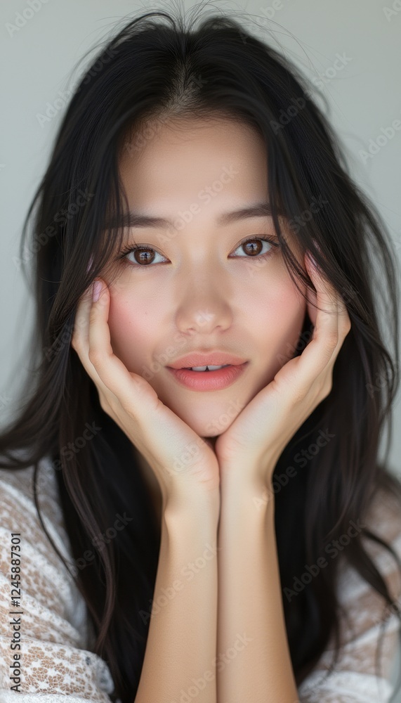 This stunning close-up captures a young Asian woman with long, dark hair gently framing her face, resting her chin on her hands. Her expressive eyes and subtle smile radiate warmth and serenity This stunning close-up captures a young Asian woman with long, dark hair gently framing her face, resting her chin on her hands. Her expressive eyes and subtle smile radiate warmth and serenity