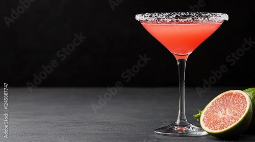 Pink cocktail, salt rim, lime, dark background, drinks menu photo