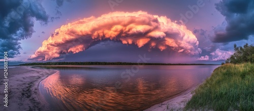 Dramatic sunset over Baltic Sea with vibrant pink and golden clouds reflecting on tranquil waters after a rainstorm picturesque scenery photo