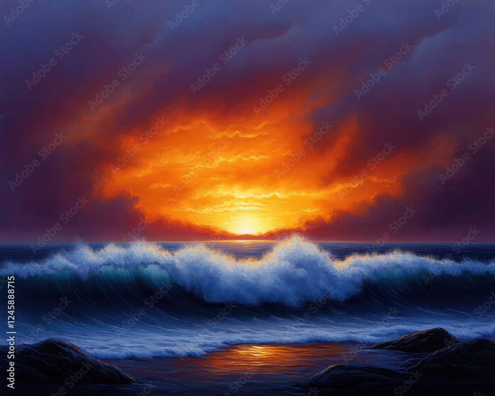 Fototapeta premium A breathtaking sunset over ocean waves creating a serene atmosphere.
