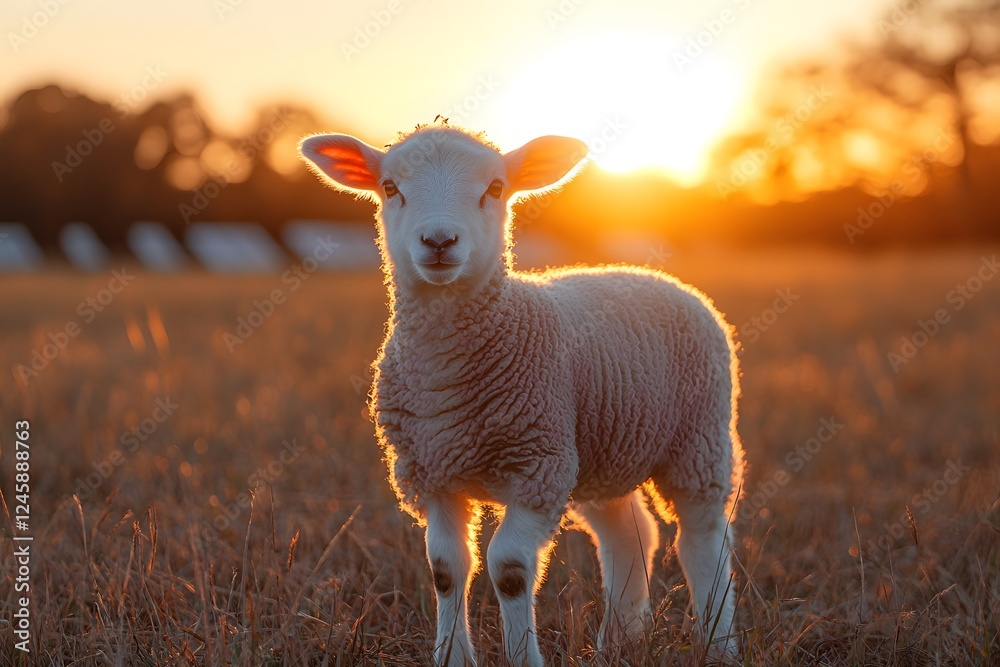 Fototapeta premium Young Lamb at Sunrise in Tranquil Pasture for Springtime Designs or Easter Themes
