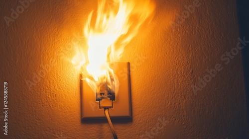 Flames erupt from an electrical outlet, illuminating a dimly lit space with an aura of danger and urgency, capturing a moment fraught with potential disaster and a call for safety photo