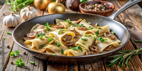 Sw?bische Maultaschen mit Zwiebeln in einer Pfanne A hearty dish from Swabia photo