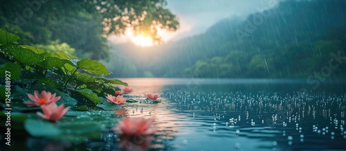 Serene lake at sunset with water lilies and raindrops creating a tranquil atmosphere ideal for relaxation and reflection photo