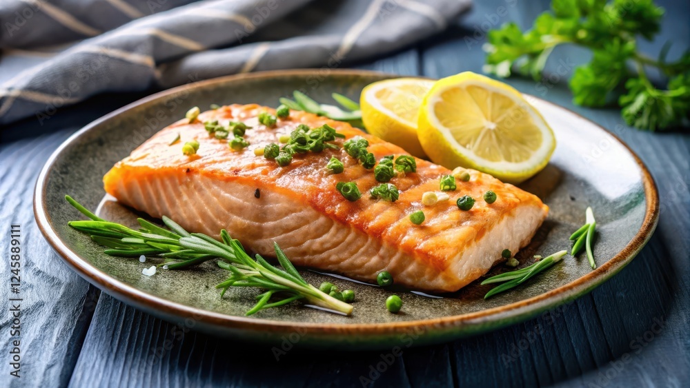 Grilled salmon fillet on a plate with lemon and herbs, healthy food, seafood, healthy food Grilled salmon fillet on a plate with lemon and herbs, healthy food, seafood, healthy food