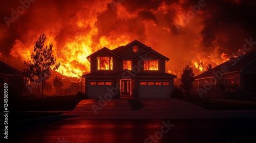 Flames engulf an urban neighborhood as a fierce wildfire rages on, highlighting the urgent need for fire safety and community resilience photo