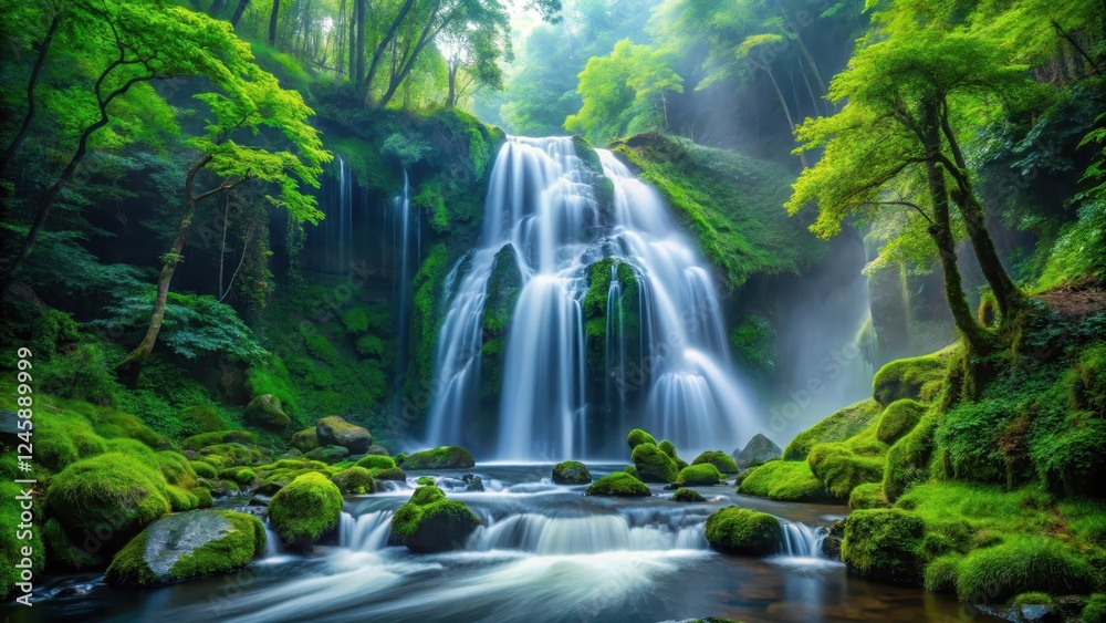 Obraz premium A serene crystal clear waterfall cascades down a mossy forest slope surrounded by vibrant green foliage and towering trees amidst a misty atmosphere, nature, forest