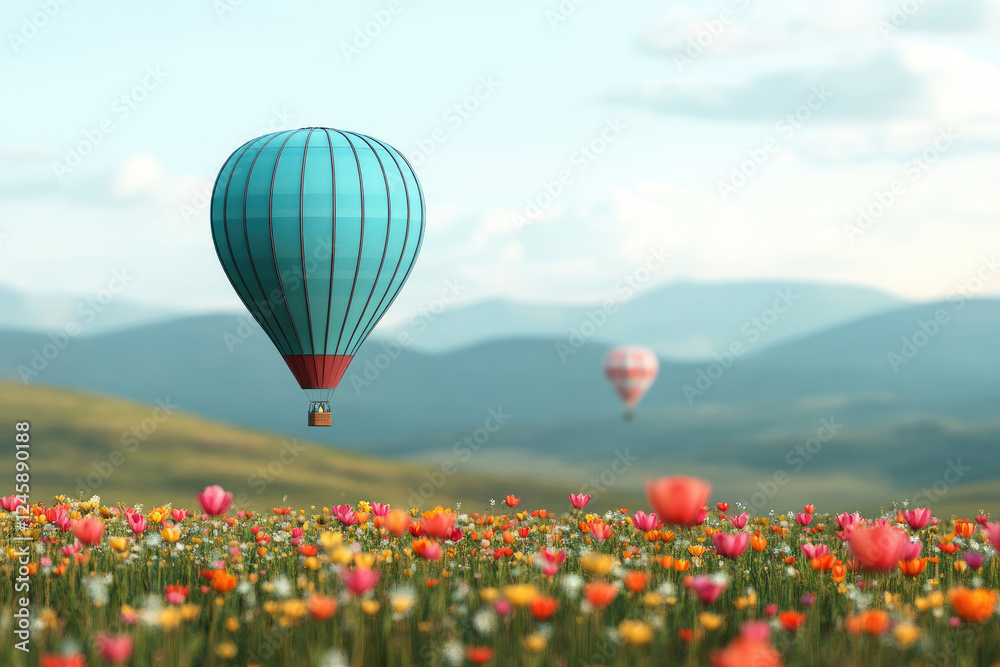 Naklejka premium Colorful hot air balloons soaring over vibrant flower fields under a clear sky.