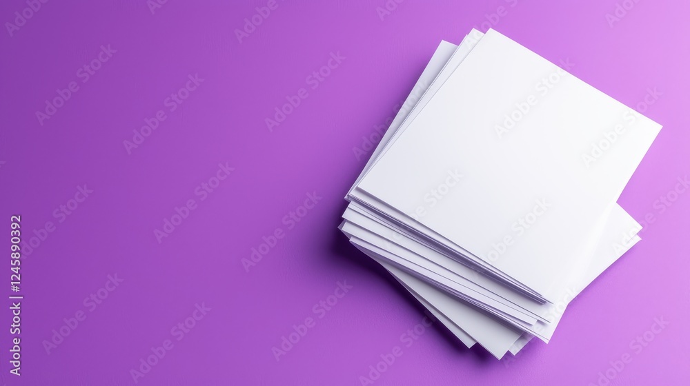 Fototapeta premium Stack of Blank White Paper on Purple Background