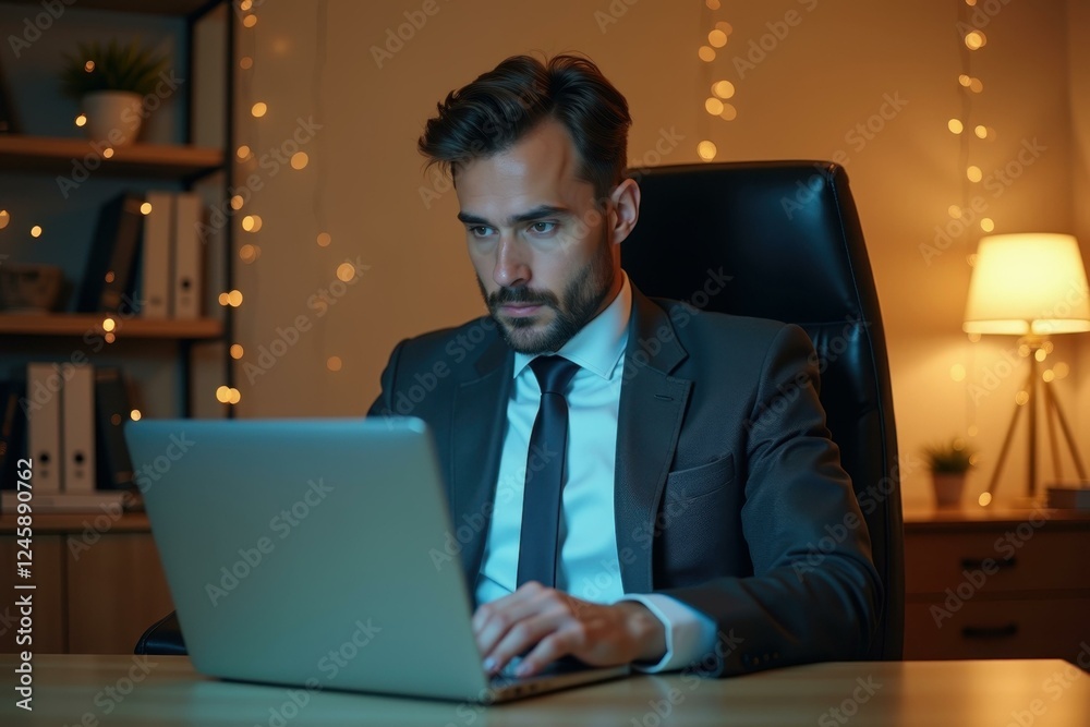 Man is sitting at desk using laptop computer Man is sitting at desk using laptop computer