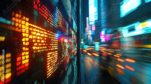 A striking visual of holographic stock prices unraveling amidst a city skyline, with frenetic energy and bright lights symbolizing the intensity of modern trading.