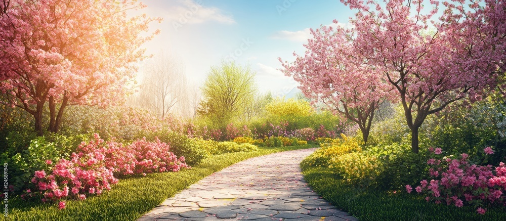 Panoramic view of a vibrant garden with a stone path and blossoming trees on a sunny spring day ideal for outdoor nursery promotion Panoramic view of a vibrant garden with a stone path and blossoming trees on a sunny spring day ideal for outdoor nursery promotion