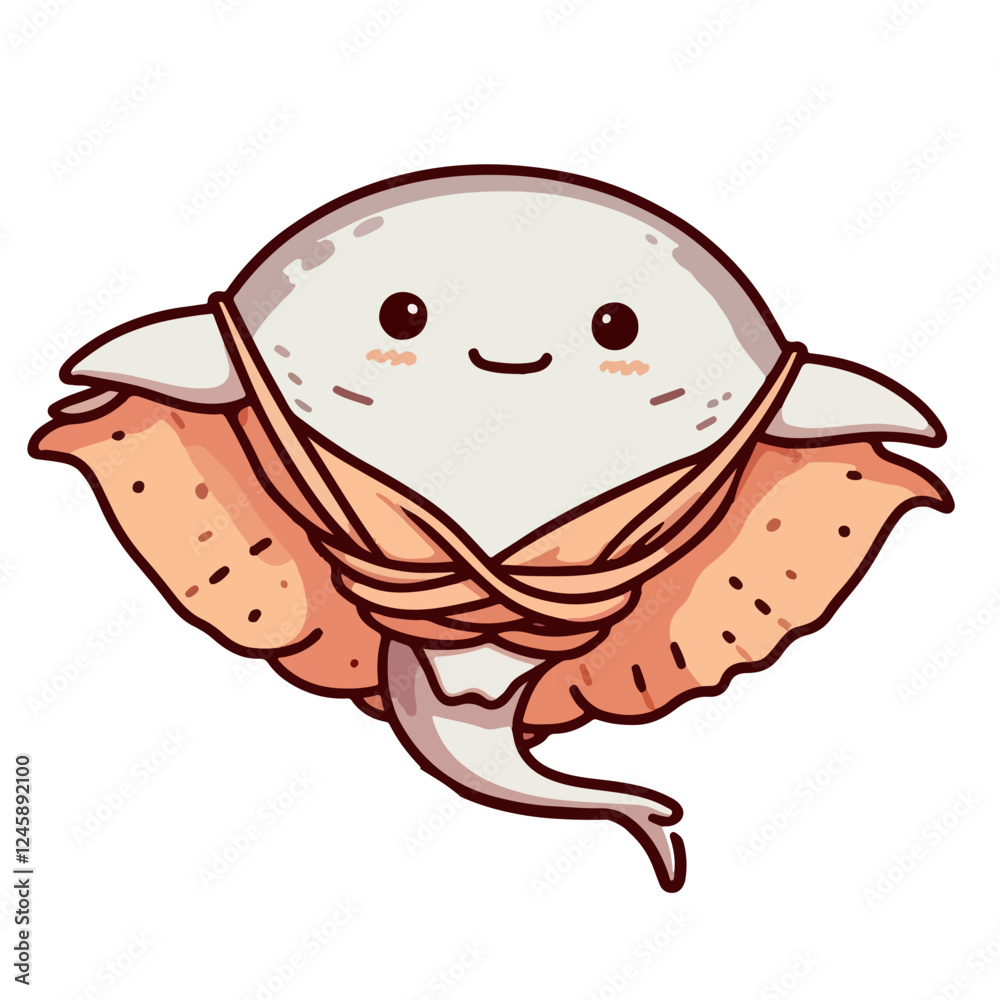 Adorable Stingray in a Cozy Wrap: A cute, cartoon stingray with big, expressive eyes is snuggled in a warm, peach-colored wrap, evoking feelings of comfort and care. Adorable Stingray in a Cozy Wrap: A cute, cartoon stingray with big, expressive eyes is snuggled in a warm, peach-colored wrap, evoking feelings of comfort and care.