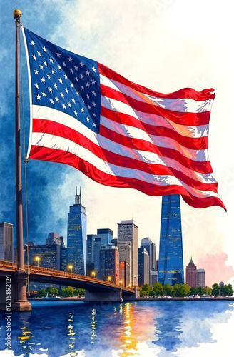 US flag in downtown against the backdrop of buildings in America.