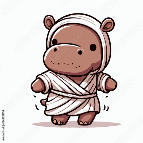 Cute Hippo in bandages: An adorable cartoon hippopotamus, wrapped in bandages, stands with a charming, innocent expression. The image is rendered in a simplistic, yet endearing style. 