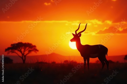 Impala silhouette at sunset, African savanna grass , picture, african wildlife