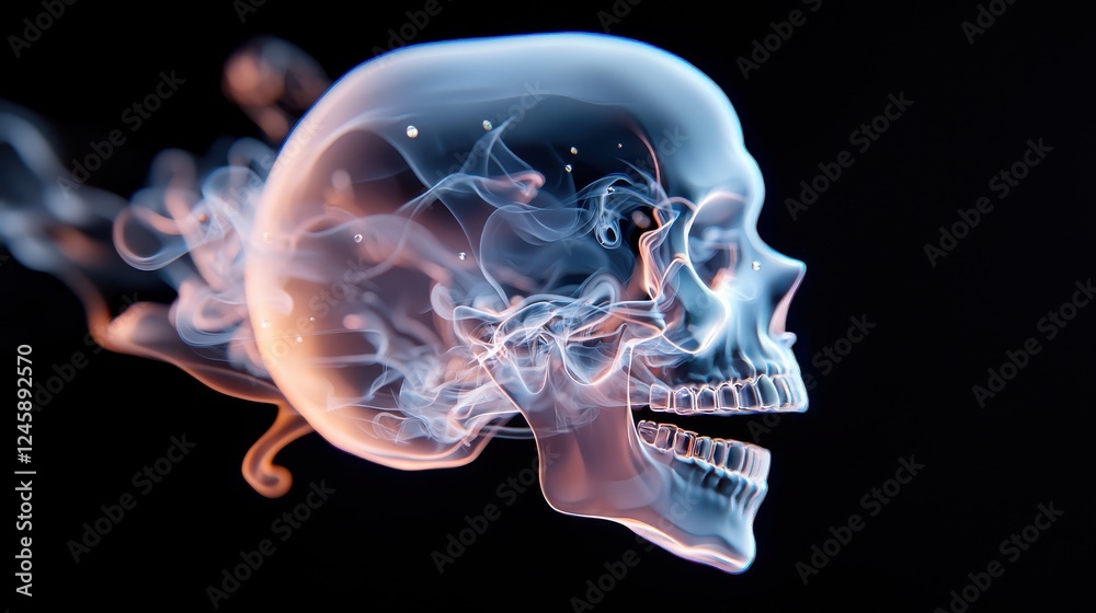 Translucent Skull Emerging From Orange And Blue Smoke Against Black Background Translucent Skull Emerging From Orange And Blue Smoke Against Black Background