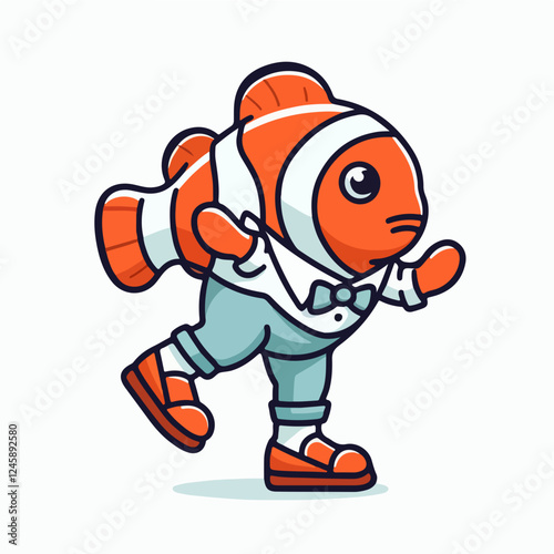 Dapper Clownfish: A cartoon illustration of a clownfish dressed in a dapper suit, complete with a bowtie, a charming smile, and sandals.