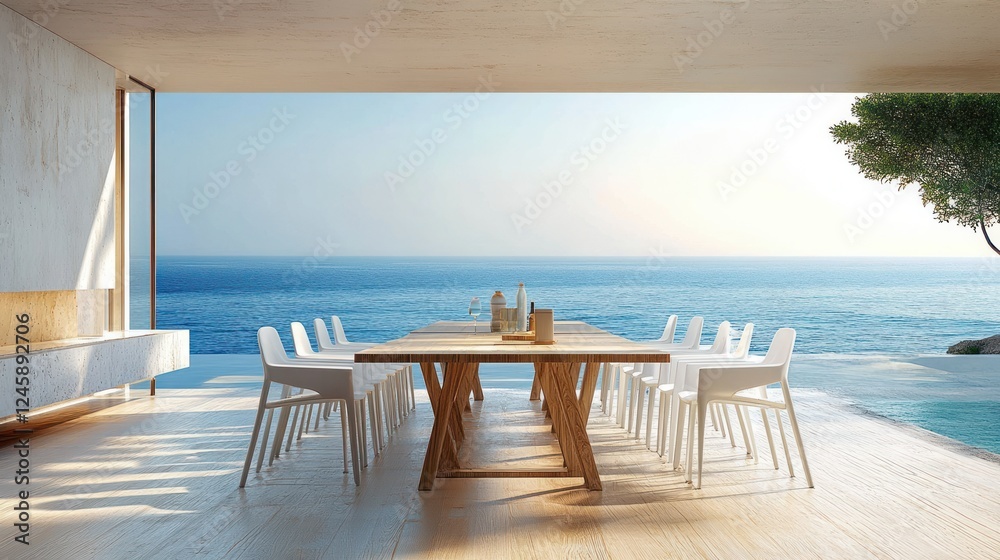 Obraz premium Seaside Dining Area with Ocean View Modern Architecture