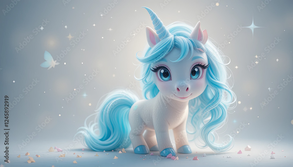 Fototapeta premium cute unicorn character with blue mane and sparkling background, exuding magical and whimsical vibe. Perfect for children themes and fantasy illustrations