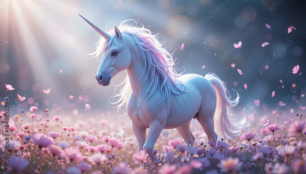 majestic unicorn stands gracefully in field of pink flowers, surrounded by fluttering petals and soft sunlight. enchanting scene evokes sense of wonder and magic majestic unicorn stands gracefully in field of pink flowers, surrounded by fluttering petals and soft sunlight. enchanting scene evokes sense of wonder and magic