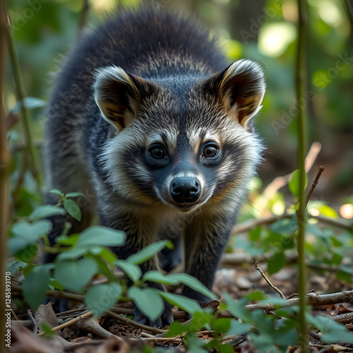 Capturing the Intriguing Curiosity of a Zorilla in its Natural Forest Habitat photo