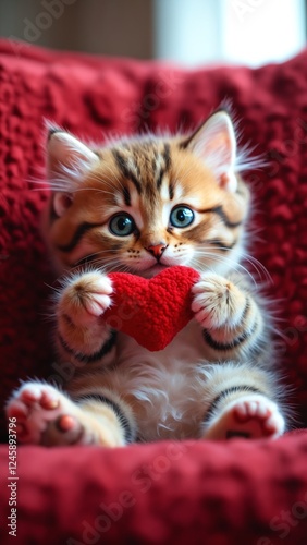 Cute kittne holding in mouth a red heart on a plush sofa photo