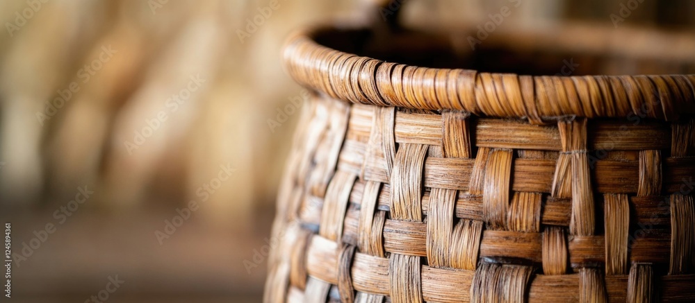 Obraz premium Handcrafted bamboo basket showcasing intricate weaving details and natural texture in a rustic setting.