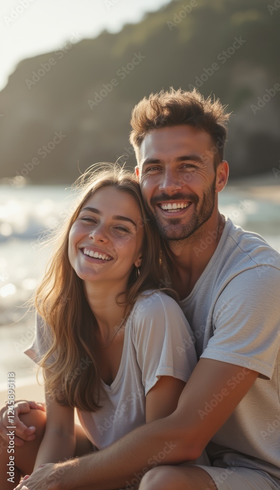 Fototapeta premium A happy couple sits closely together on a sunlit beach, radiating joy and love. Their genuine smiles and relaxed posture capture the essence of a perfect day by the sea, surrounded by natures beauty.
