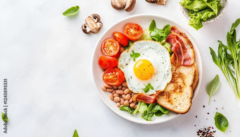 English breakfast - fried egg, beans, tomatoes, mushrooms, bacon and toast. Top view English breakfast - fried egg, beans, tomatoes, mushrooms, bacon and toast. Top view