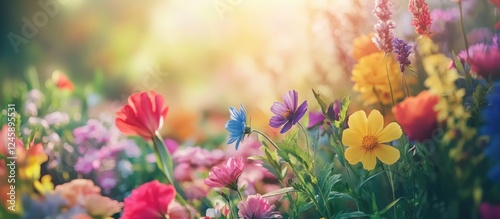 Vibrant colorful flowers blooming in a serene flowerbed under soft sunlight with a dreamy background ambiance